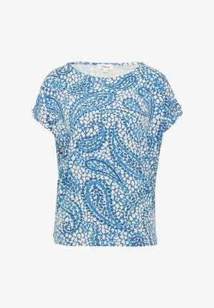 Haut à manches courtes en bleu clair avec des motifs abstraits blancs. Tissu doux, coupe décontractée, encolure large, fentes latérales légères à l'ourlet.