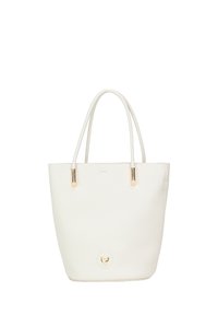 Borsa a tracolla bianca in pelle con superficie texturizzata, doppi manici e dettagli in tonalità oro. Presenta un logo circolare sul fronte.