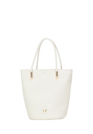 White leather tote bag with a textured surface, dual handles, and gold-tone accents. Features a circular logo on the front.