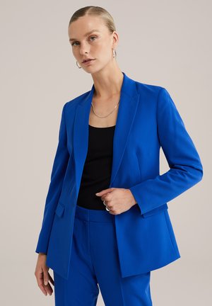 Blue tailored blazer with a notched lapel, single button closure, and two front pockets. Smooth fabric with a structured fit.