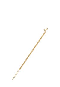 Gold-tone chain bracelet with round links and a lobster clasp featuring a small decorative charm near the clasp.