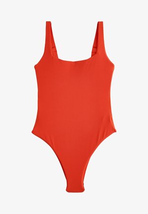 Roter, gerippter Einteiler mit breiten Schulterträgern und quadratischem Ausschnitt, entworfen für eine eng anliegende Passform.