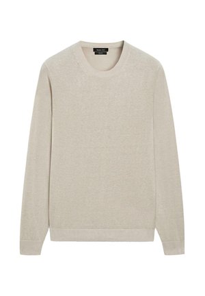 Beige trui met lange mouwen en ronde hals, voorzien van geribbelde boorden bij de mouwen en zoom, minimalistisch design, gemaakt van fijn gebreide stof.