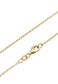 Guldtonet metal kædehalssmykke med små, sammenkoblede led og en lobsterlås for sikret lukning. Viser en glat finish.