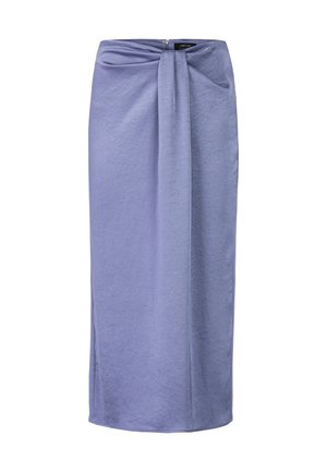 Light purple midi skirt with a twisted front design, made of soft material. Features a concealed zipper at the back for closure.