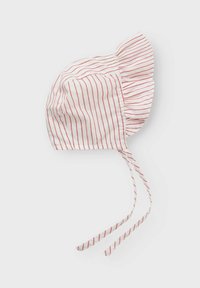 Cuffietta di cotone a righe con linee rosse e bianche, dotata di un orlo arricciato e lacci per una vestibilità sicura. Tessuto leggero e traspirante.