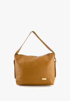 Brun læder skuldertaske med en struktureret overflade, lynlåslukning og en enkelt justerbar rem. Detaljer i guldfarvet hardware.