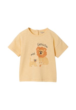 Light orange baby t-shirt with roaring lion and cub illustrations and text "Grrra Ouu" and "mini" on front.