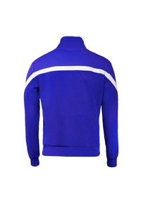 Blå sportjakke med høj krave, hvid accentstribe over den øvre ryg, ribbede manchetter og en glat tekstur.