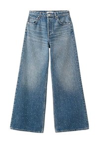 Sininen, leveälahkeinen denimhousut, joissa on korkea vyötärö ja pieni valkoinen pilkkukuvio koko kankaan läpi.