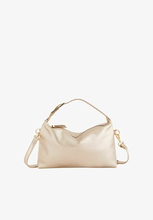 Sac à main en cuir beige avec fermeture éclair dorée, bandoulière ajustable et poignée supérieure, sur fond blanc.