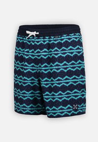 Short de bain bleu marine avec motif zigzag turquoise, taille élastique, cordon blanc et petite étiquette logo sur la jambe.