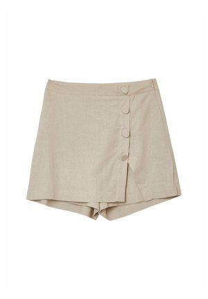 Beige Shorts aus Baumwoll-Leinen-Mix mit Wickeldesign, die an der Vorderseite über vier runde Knöpfe und einen unsichtbaren Reißverschluss an der Seite verfügen.