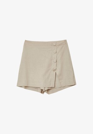 Beige Shorts aus Baumwoll-Leinen-Mix mit Wickeldesign, die an der Vorderseite über vier runde Knöpfe und einen unsichtbaren Reißverschluss an der Seite verfügen.