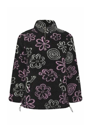 Schwarzer Fleece-Pullover mit halbem Reißverschluss, versehen mit mehrfarbigen Blumen- und Spiralmustern in Pink, Weiß und Grau. Mit Fronttasche.