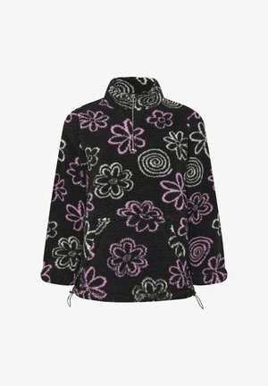 Mustapohjainen fleecetakki, jossa on puoli-vetoketju, ja siinä on monivärisiä kukka- ja spiraalikuoseja vaaleanpunaisena, valkoisena ja harmaana. Edessä tasku.