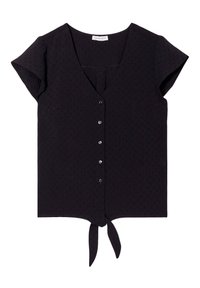 Blouse noire à manches courtes avec un col en V, fermeture à boutons à l'avant et ourlet noué. Présente un tissu texturé avec des motifs subtils.