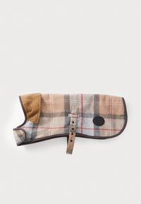 Plaid dog coat with beige, brown, and gray tones, featuring a brown corduroy collar, adjustable buckle strap, and oval black brand patch.