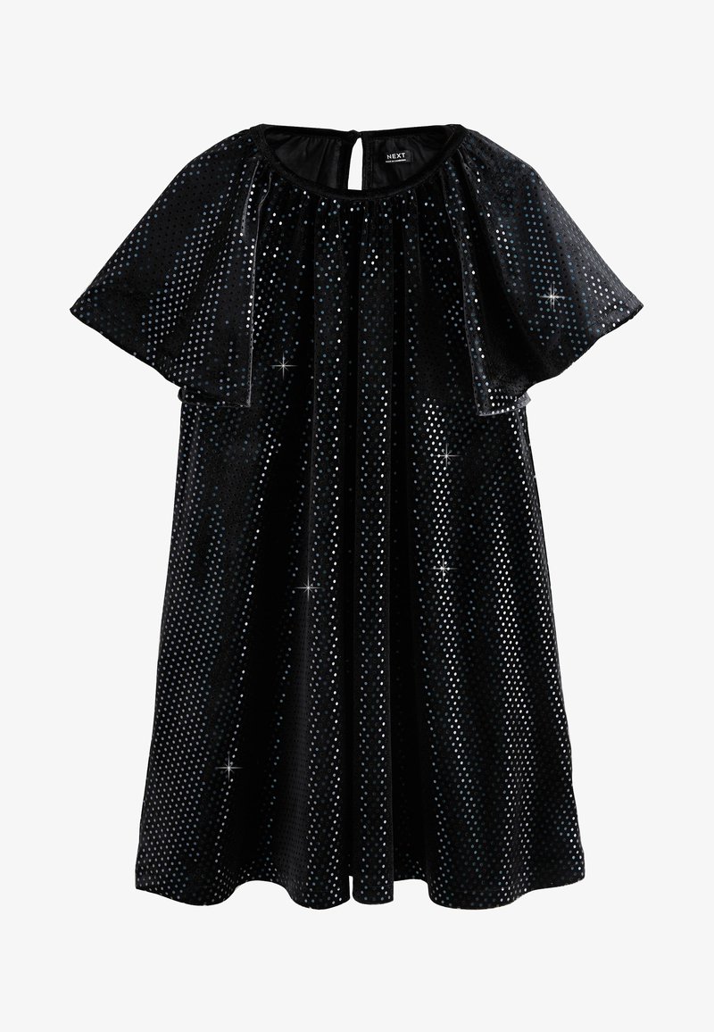 Vestito corto nero con pois argentati scintillanti, maniche svolazzanti e scollatura rotonda con chiusura a bottoncino a goccia sul retro.