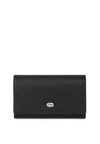 Portefeuille en cuir noir avec surface texturée, de forme rectangulaire, fermeture à rabat et accent en métal argenté à l'avant.