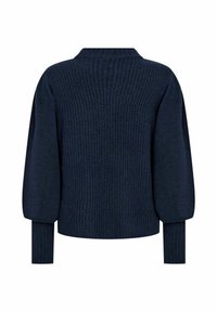Pull en tricot côtelé bleu marine foncé avec un col montant et des manches longues bouffantes, présentant une finition texturée et des poignets ajustés.