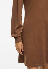 Robe en tricot marron avec de longues manches bouffantes, des poignets côtelés et une coupe décontractée, offrant une texture lisse et un tombé subtil.