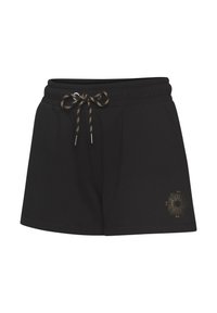 Schwarze Baumwollmischungs-Shorts mit elastischem Bund, Kordelzug, seitlichen Taschen und einem goldenen Sonnenmotiv am unteren linken Bein.