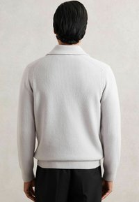 Maglione a maglia grigio chiaro con colletto ripiegabile, polsini e orlo a costine, caratterizzato da una texture liscia e maniche raglan.