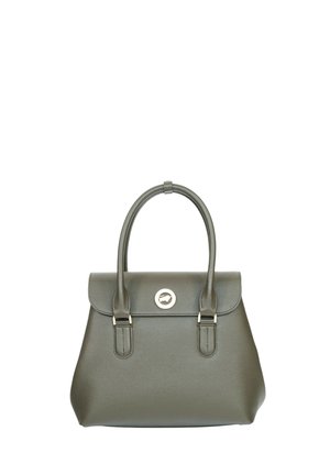 Sac à main en cuir vert olive avec deux poignées, une fermeture à rabat et un détail de logo métallique circulaire au centre avant.