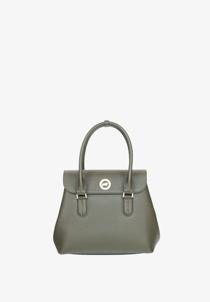 Sac à main en cuir vert olive avec deux poignées, une fermeture à rabat et un détail de logo métallique circulaire au centre avant.