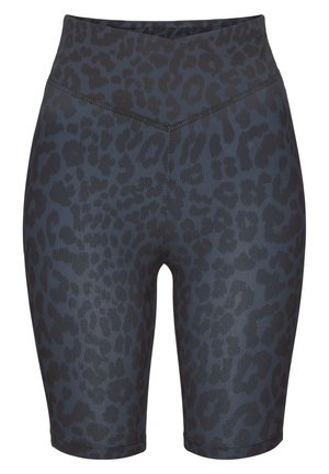 Hoch geschnittene schwarze und dunkelgraue Fahrradshorts mit Leopardenmuster, mit glatter Textur, breitem Bund und flachen Nähten.