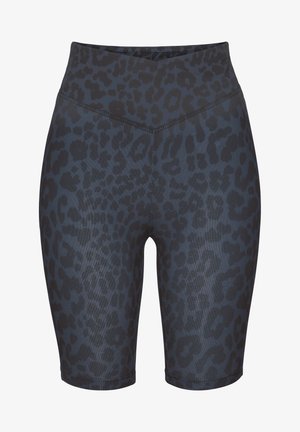 High-waisted black and dark gray leopard print bike shorts with a smooth texture, featuring a wide waistband and flatlock seams.