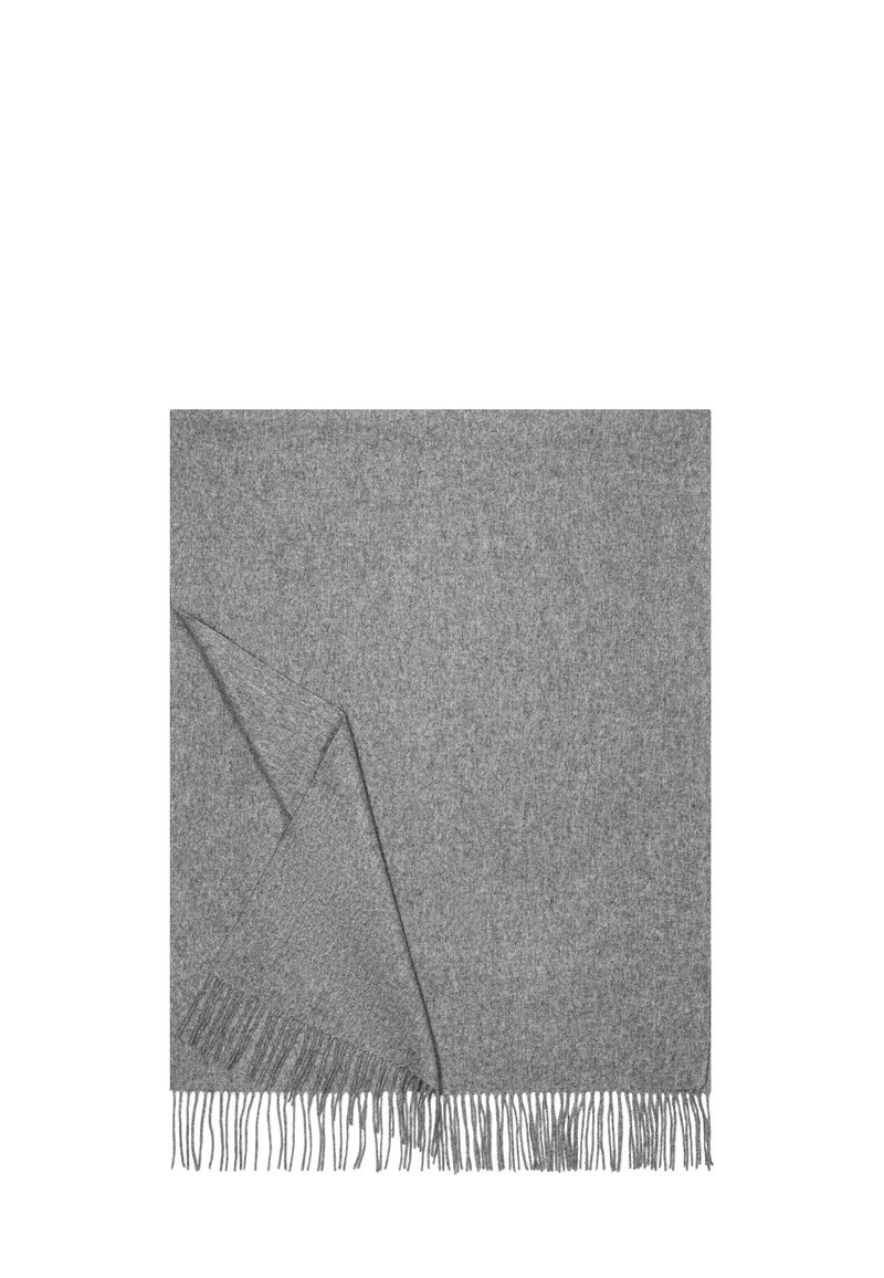 Graue Wolldecke mit glatter Textur, fransenrand und gefalteter Ecke, die ein dezentes meliertes Muster zeigt.