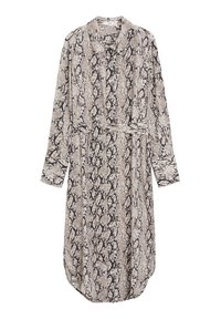 Robe chemise midi à manches longues avec taille ceinturée, col et motif imprimé serpent brun et beige.
