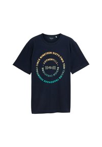 T-shirt en coton bleu marine avec un design graphique circulaire en orange, vert et jaune. Col rond avec manches courtes, coupe décontractée.