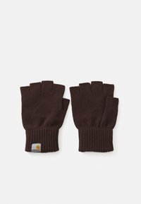 Braune fingerlose Handschuhe aus gestricktem Material mit gerippten B�ündchen und einem Carhartt-Logoschild. Kompaktes Design ermöglicht Fingerfertigkeit.