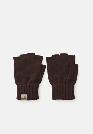 Braune fingerlose Handschuhe aus gestricktem Material mit gerippten Bündchen und einem Carhartt-Logoschild. Kompaktes Design ermöglicht Fingerfertigkeit.