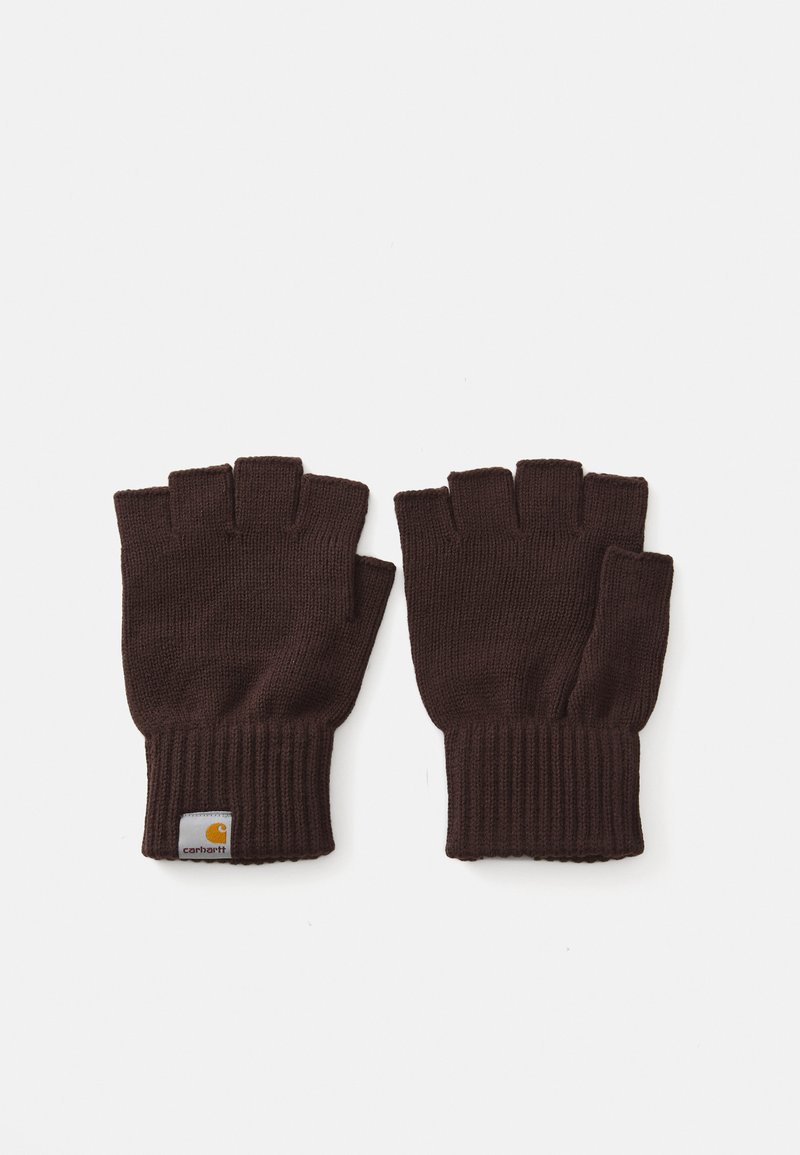 Braune fingerlose Handschuhe aus gestricktem Material mit gerippten Bündchen und einem Carhartt-Logoschild. Kompaktes Design ermöglicht Fingerfertigkeit.