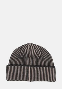 Berretto lavorato a maglia con strisce verticali nere e beige, caratterizzato da un risvolto a coste e una texture liscia. Design classico e aderente.