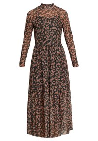 Langärmliges, schwarzes Blumenkleid mit hohem Kragen, gestuftem Rock und einem blassrosa Blumenmuster auf transparentem Stoff.