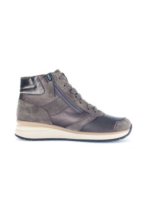 Hoge sneakers in donkergrijs en zwart leer met een suède afwerking. Beschikt over ritsen, getextureerde accenten en een witte tussenzool.