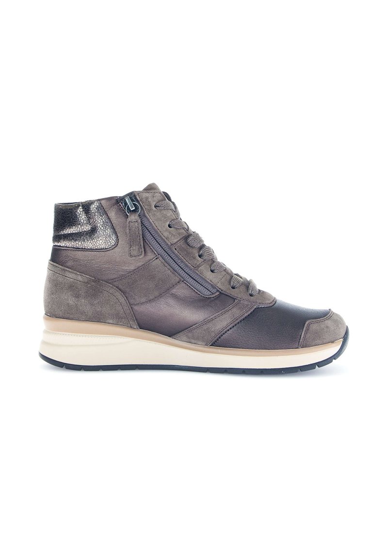 Hoge sneakers in donkergrijs en zwart leer met een suède afwerking. Beschikt over ritsen, getextureerde accenten en een witte tussenzool.