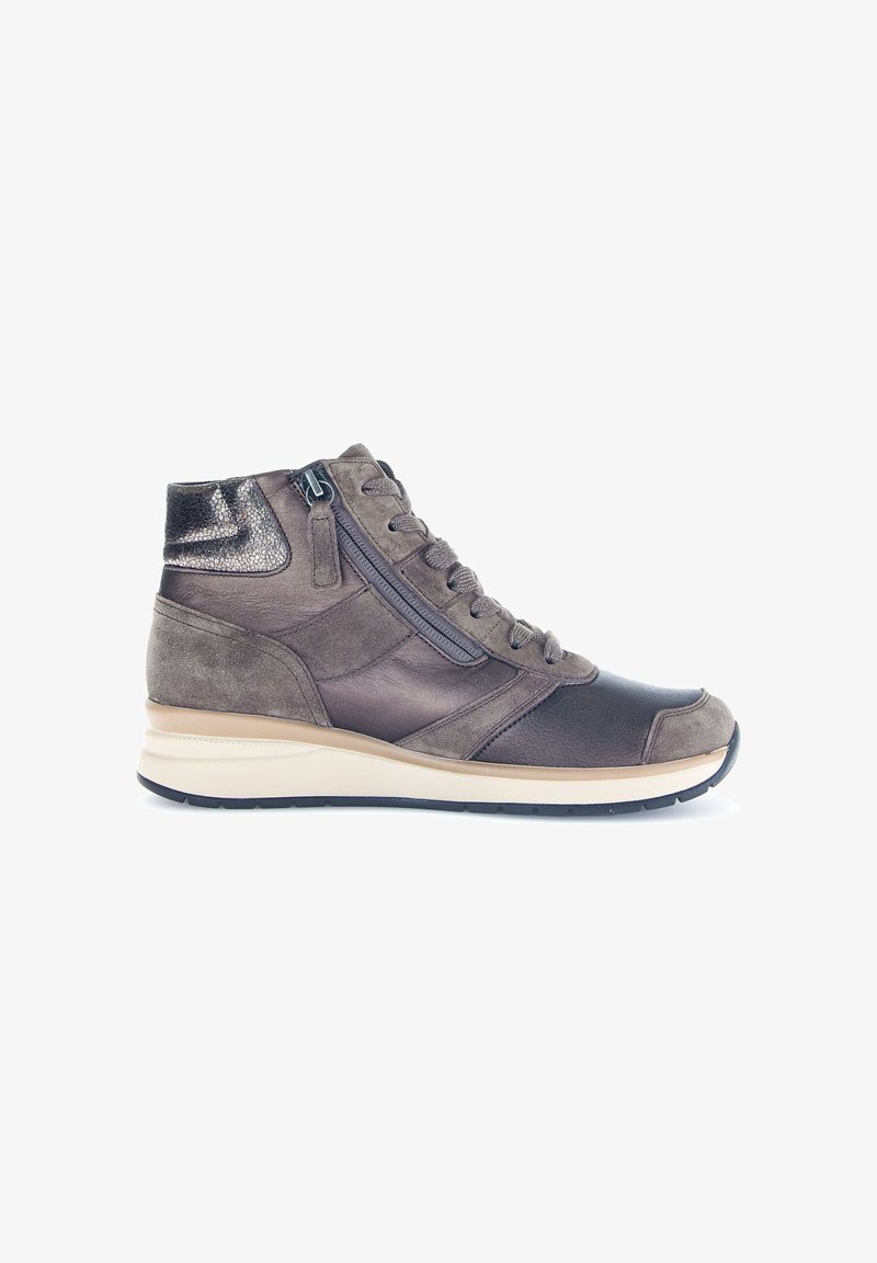 Hoge sneakers in donkergrijs en zwart leer met een suède afwerking. Beschikt over ritsen, getextureerde accenten en een witte tussenzool.