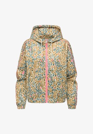 Kurtka z kapturem z wielokolorowym wzorem zwierzęcym, różowym zamkiem błyskawicznym i ściągaczami, elastycznymi mankietami oraz detalami w postaci bocznego paska.