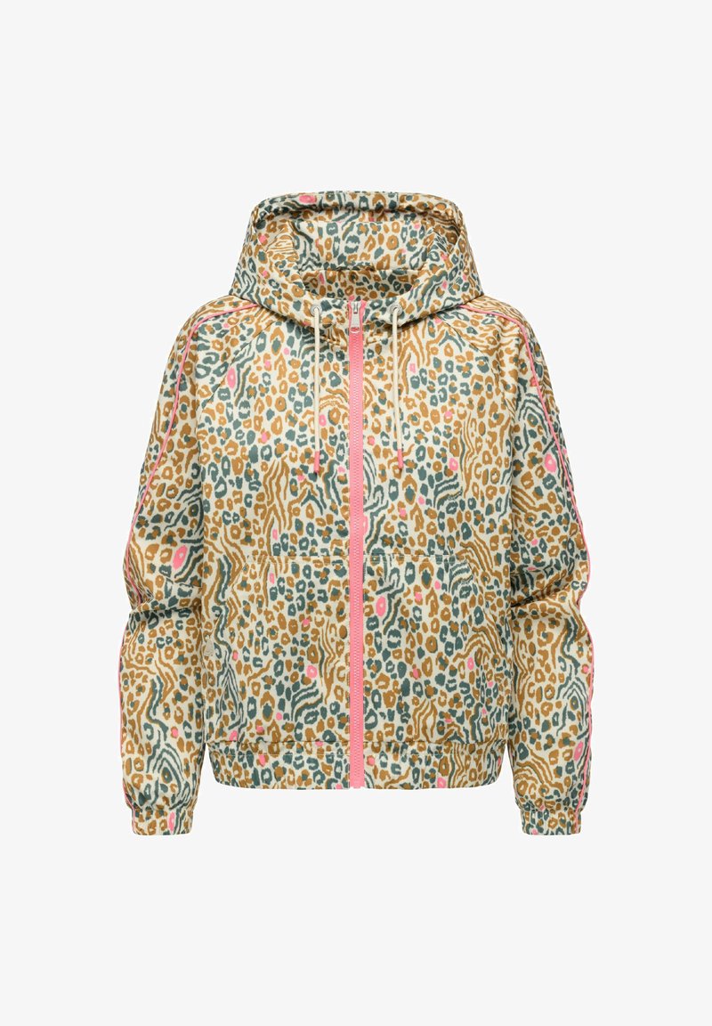Kurtka z kapturem z wielokolorowym wzorem zwierzęcym, różowym zamkiem błyskawicznym i ściągaczami, elastycznymi mankietami oraz detalami w postaci bocznego paska.