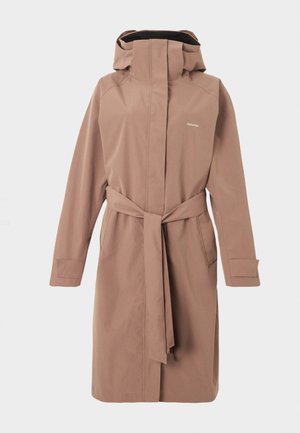 Beiger langer Kapuzenmantel mit verstellbarem Gürtel, verdecktem Verschluss vorne und Seitentaschen, entworfen für kaltes Wetter.