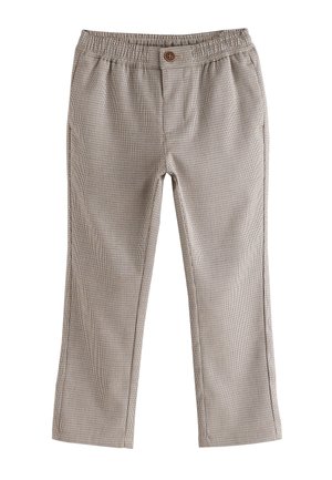 Beige ternede afslappede bukser med elastisk talje, forreste knap og lige ben, lagt fladt på en hvid baggrund.