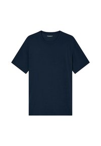 T-shirt in cotone blu navy, maniche corte, collo a giro, con un piccolo logo discreto sul petto e una texture liscia.