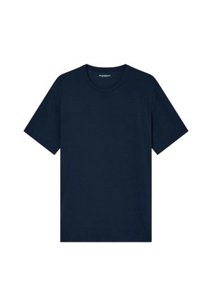 T-shirt in cotone blu navy, maniche corte, collo a giro, con un piccolo logo discreto sul petto e una texture liscia.