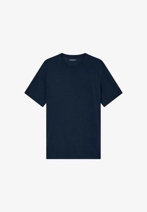 T-shirt in cotone blu navy, maniche corte, collo a giro, con un piccolo logo discreto sul petto e una texture liscia.